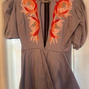 Alice McCall Blue Ammolite Jumpsuit with Red Embroidery romper fit and flare